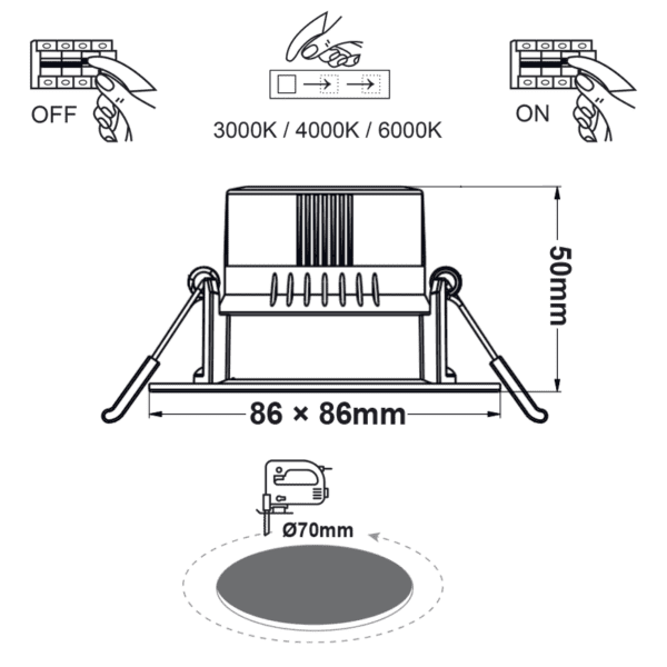 SQUARE LED SPOTLIGHT 7W SWITCH 3000-4000-6000K SMD 230V 40° Ra80 PRE-SET UP 3000K - Image 2