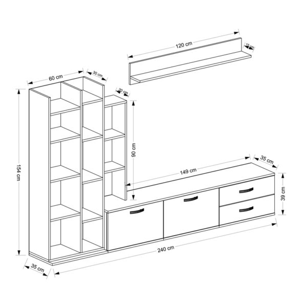 Σύνθετο σαλονιού Leman pakoworld σε λευκή-oak απόχρωση 240x35x154εκ - Image 5