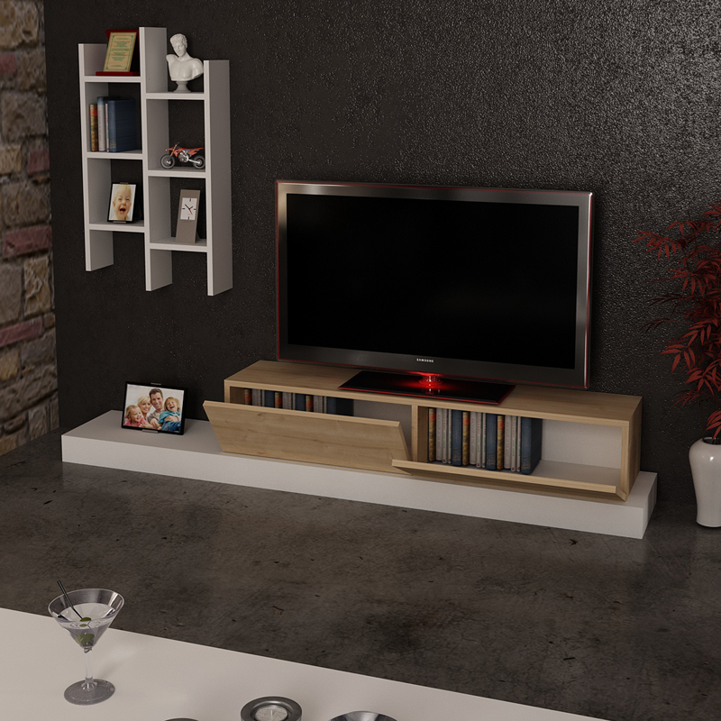 120-000489-2 Έπιπλο τηλεόρασης Rumba pakoworld σε λευκή-oak απόχρωση 180x30x31εκ - Image 3