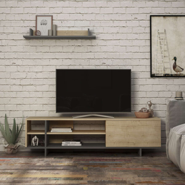 Σύνθετο σαλονιού Saloon pakoworld σε ανθρακί-oak απόχρωση 160x35.5x44εκ - Image 2