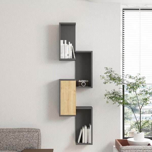 Ραφιέρα τοίχου Kongo pakoworld σε oak- ανθρακί απόχρωση 44x20x159εκ - Image 2