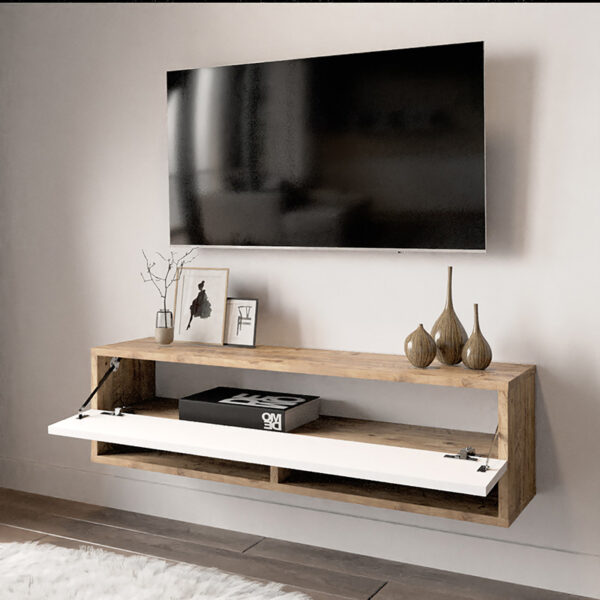 Έπιπλο τηλεόρασης επιτοίχιο Roscoe pakoworld λευκό-oak 100x31.5x29.5εκ - Image 2