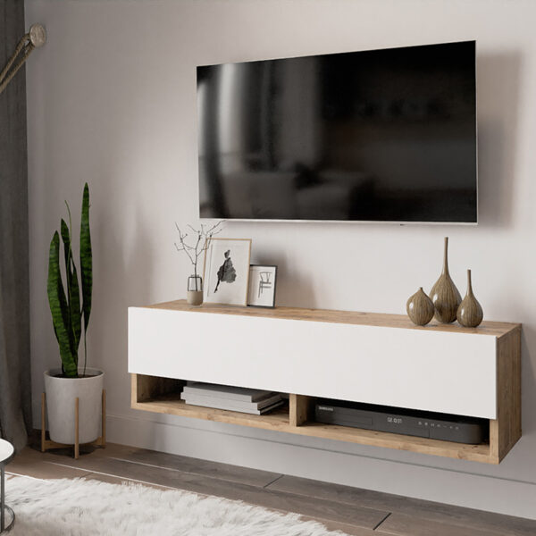 Έπιπλο τηλεόρασης επιτοίχιο Roscoe pakoworld λευκό-oak 100x31.5x29.5εκ - Image 3