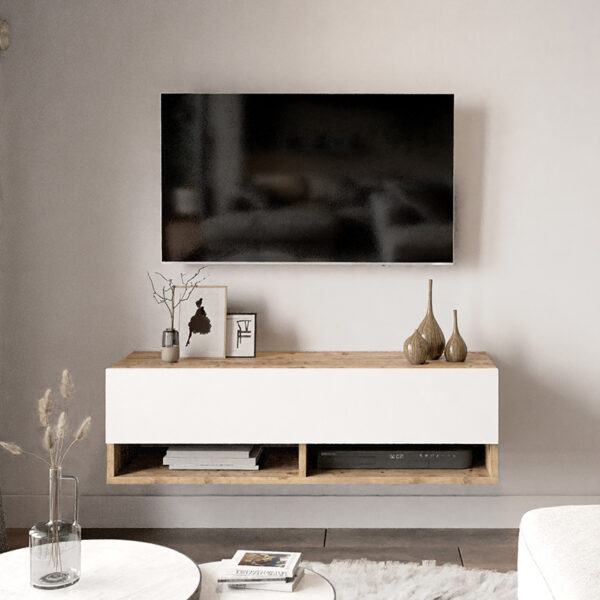 Έπιπλο τηλεόρασης επιτοίχιο Roscoe pakoworld λευκό-oak 100x31.5x29.5εκ - Image 4