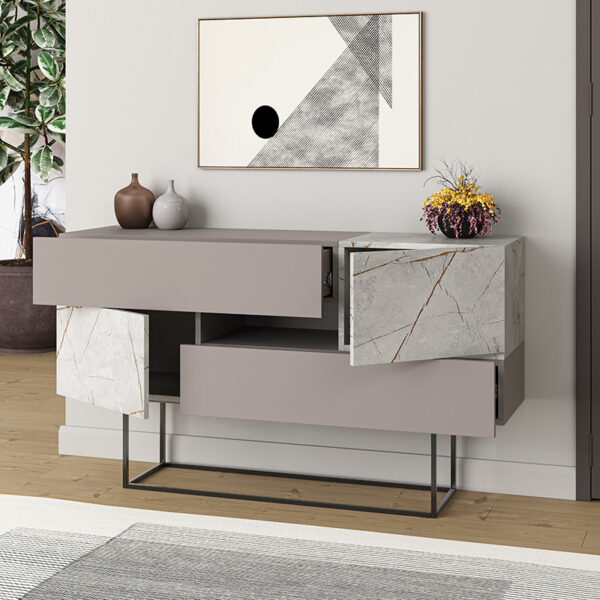 Μπουφές Roberta pakoworld μόκα με γκρι-μπεζ μαρμάρου 145x40x82εκ - Image 2