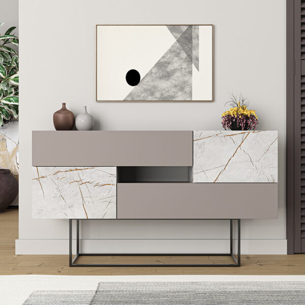 Μπουφές Roberta pakoworld μόκα με γκρι-μπεζ μαρμάρου 145x40x82εκ - Image 3