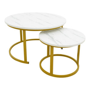 Τραπέζι σαλονιού Revelon pakoworld σετ 2τεμ mdf σε απόχρωση λευκού όψης μαρμάρου 80x80x45εκ