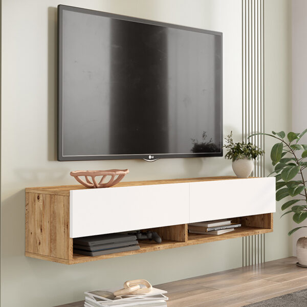 Έπιπλο τηλεόρασης επιτοίχιο Roscoe pakoworld λευκό-sonoma 140x31.6x29.6εκ - Image 3