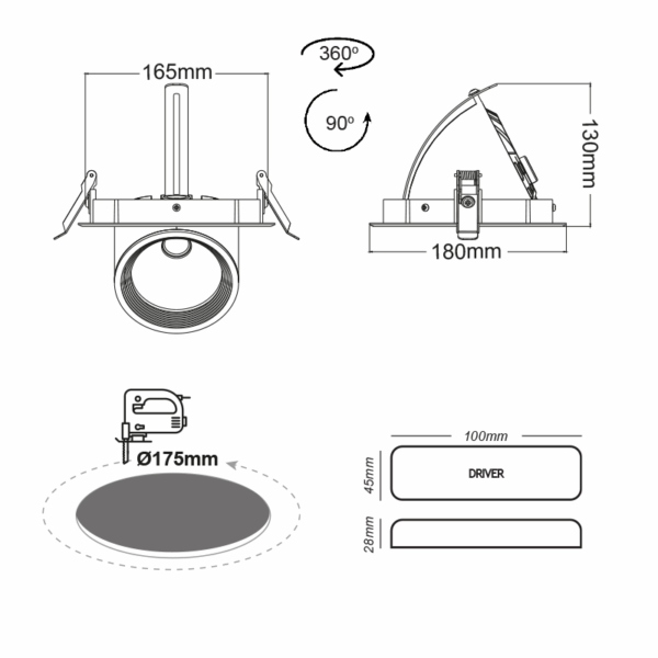 WHITE LED RECESSED MOVABLE LUMINAIRE 30W 4000K 60° 3600LM 230VAC Ra80 5YRS - Image 2