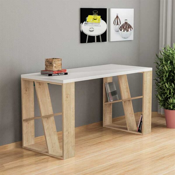 Γραφείο Honey pakoworld χρώμα λευκό - light oak 140x60x75εκ - Image 2