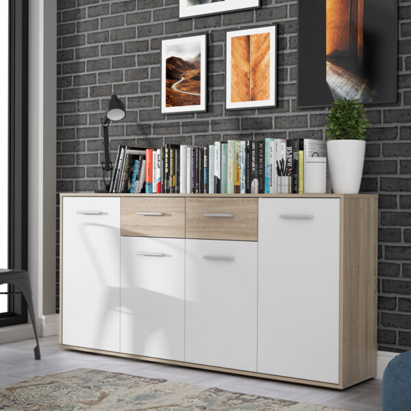 Μπουφές Drepen pakoworld μελαμίνη σε λευκό και sonoma χρώμα 162.3x34.2x81.7εκ - Image 2