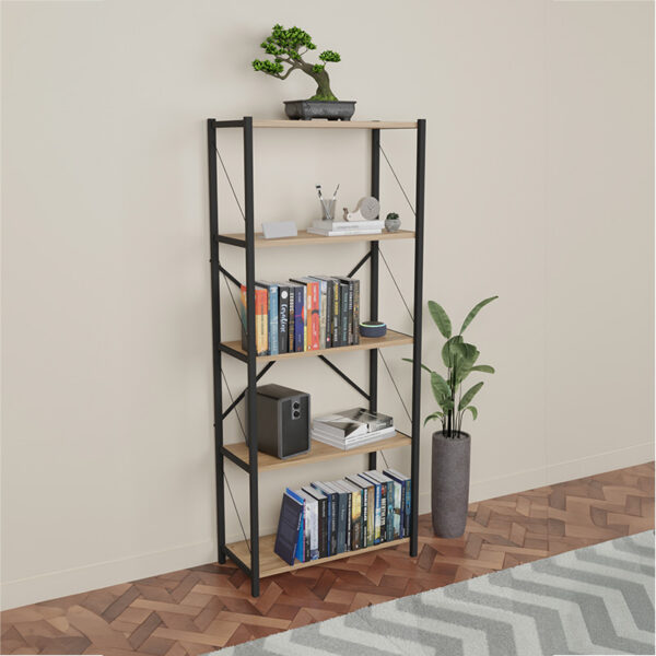 Βιβλιοθήκη Draizy pakoworld oak μελαμίνης-μαύρο μέταλλο 63x30x150εκ - Image 2