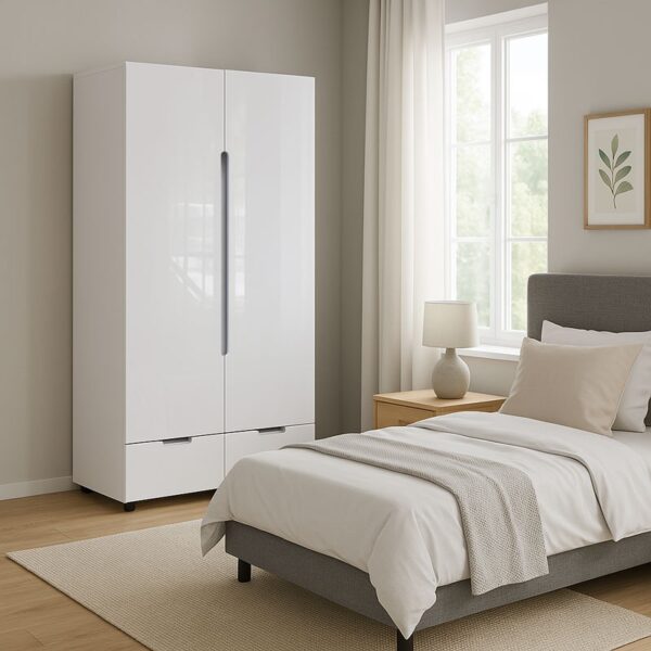 Ντουλάπα δίφυλλη Afina pakoworld mdf σε λευκή glossy απόχρωση 100x57x213εκ - Image 2