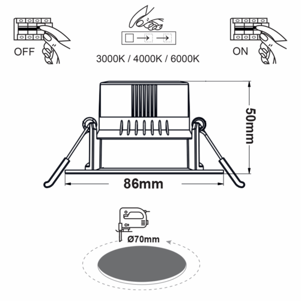 ROUND LED SPOTLIGHT 7W SWITCH 3000-4000-6000K SMD 230V 40° Ra80 PRE-SET UP 3000K - Image 2