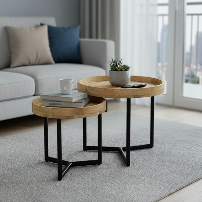 113-000014 Τραπέζι σαλονιού Kelly σετ 2τεμ pakoworld μασίφ ξύλο φυσικό-μαύρο