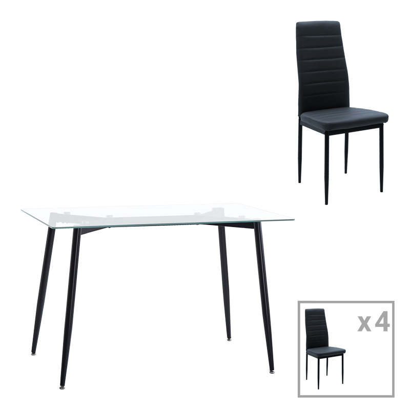 200-001157 Τραπεζαρία Quana-Parker pakoworld σετ 5τεμ γυάλινο διάφανο-μαύρο πόδι 120x70x75cm