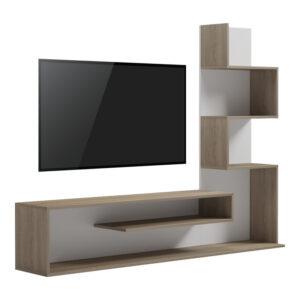 Έπιπλο τηλεόρασης με βιβλιοθήκη Cazenda pakoworld σε sonoma με λευκή απόχρωση 160x29x126εκ