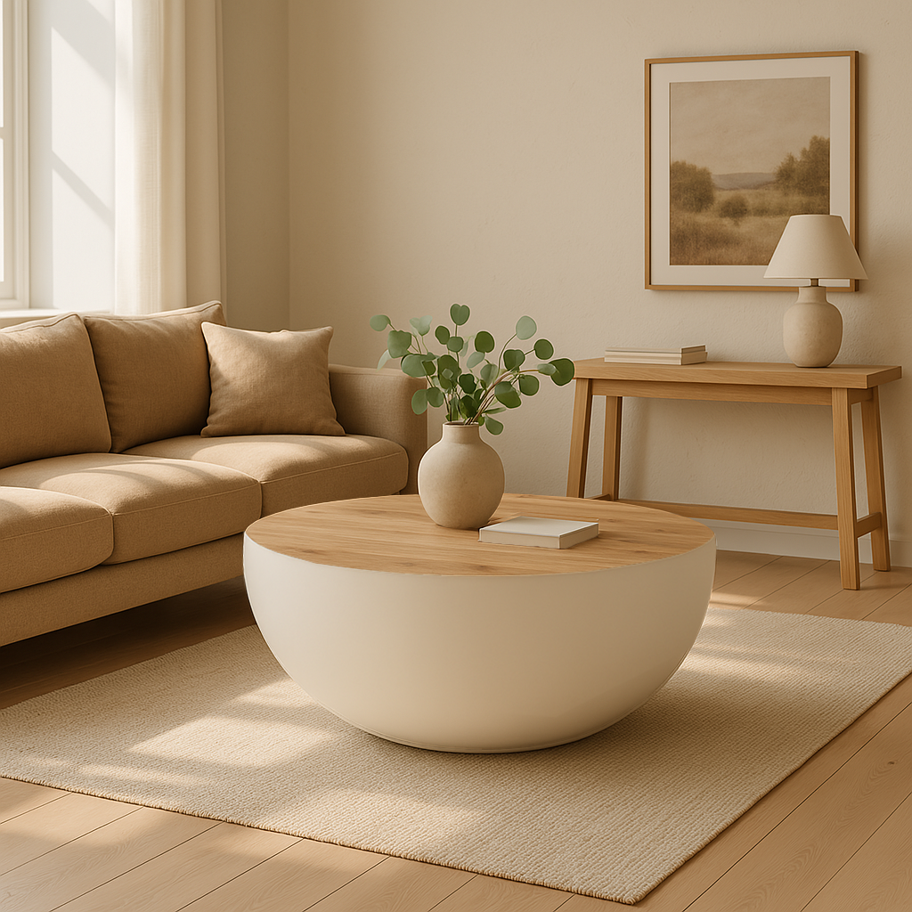 372-000015-1 Τραπέζι σαλονιού Coffelty Inart μασίφ ξύλο ακακίας - λευκό μέταλλο Φ90x40εκ - Image 2