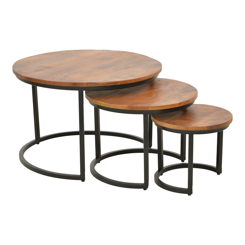 379-000030 Τραπέζι σαλονιού Frina pakoworld σετ 3τεμ mango ξύλο σε καρυδί απόχρωση με πόδι μαύρο μέταλλο