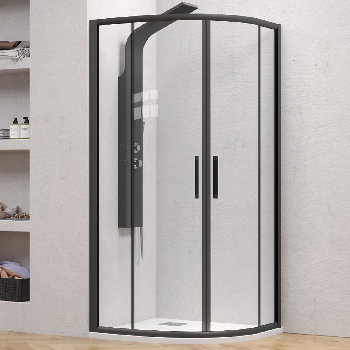 FLONE20080 Καμπίνα ημικυκλική με διάφανο κρύσταλλο FLORA 200 Black KARAG 80x80x190cm
