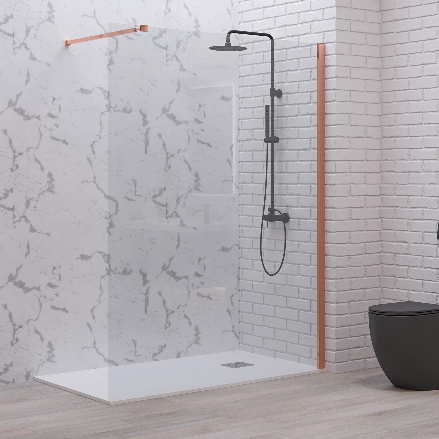 WAL1-90RC Σταθερό διαχωριστικό ντουζιέρας με διάφανο κρύσταλλο WALKIN 1 Rose Gold KARAG 90x200cm