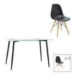 Τραπεζαρία Quana-Julita pakoworld σετ 5τεμ γυάλινο 8χιλ διάφανο - μαύρο πόδι 120x70x75εκ