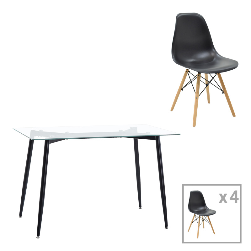 200-001197 Τραπεζαρία Quana-Julita pakoworld σετ 5τεμ γυάλινο 8χιλ διάφανο - μαύρο πόδι 120x70x75εκ