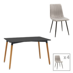 Τραπεζαρία Natali-Noor pakoworld σετ 5τεμ  MDF μαύρο-γκρι-πόδια φυσικό 120x80x76εκ