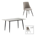 Τραπεζαρία Gustas-Giselle pakoworld σετ 5τεμ λευκό μαρμάρου-γκρι βελουδο 120x80x76εκ