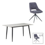 Τραπεζαρία Gustas-Giselle pakoworld σετ 5τεμ λευκό μαρμάρου-γκρι βελούδο 120x80x76εκ