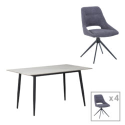 Τραπεζαρία Gustas-Giselle pakoworld σετ 5τεμ λευκό μαρμάρου-γκρι βελούδο 120x80x76εκ