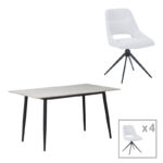 Τραπεζαρία Gustas-Luciano I pakoworld σετ 5τεμ λευκό μαρμάρου-κρεμ υφασμα 120x80x76εκ