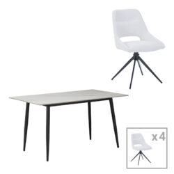 Τραπεζαρία Gustas-Luciano I pakoworld σετ 5τεμ λευκό μαρμάρου-κρεμ υφασμα 120x80x76εκ