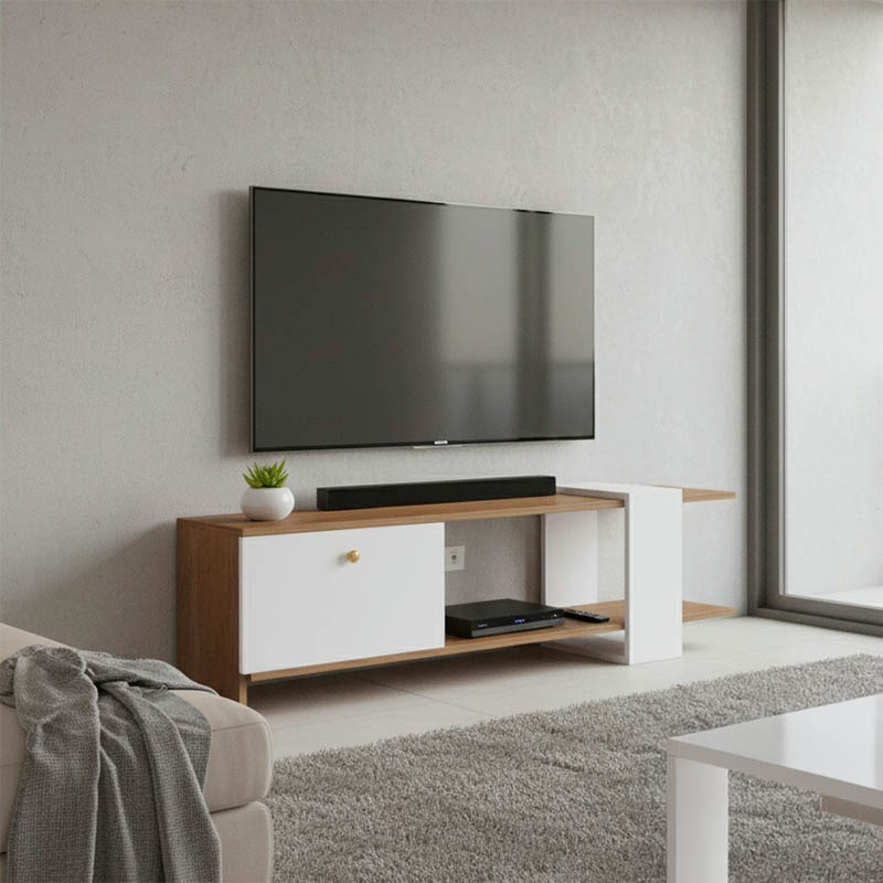 230-000042 Έπιπλο τηλεόρασης Standi pakoworld μελαμίνης σε φυσική-λευκή απόχρωση 120x25x36.8εκ