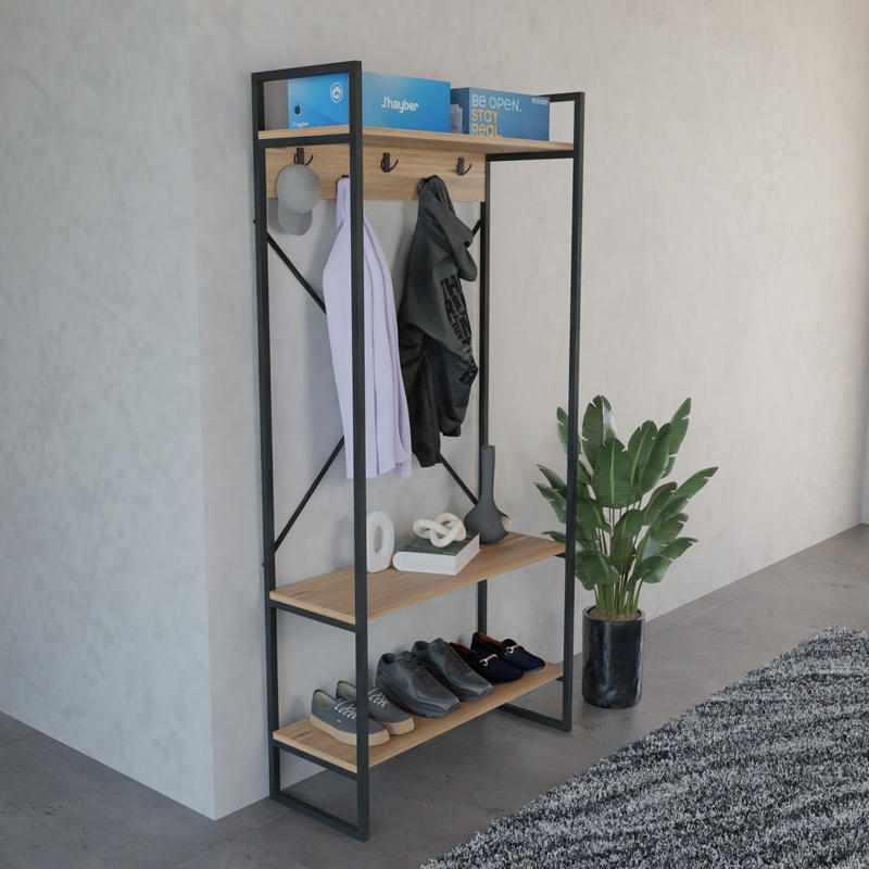 321-000121-1 Έπιπλο εισόδου Levento pakoworld oak με μαύρο μεταλλικό σκελετό 88x34x180εκ - Image 2