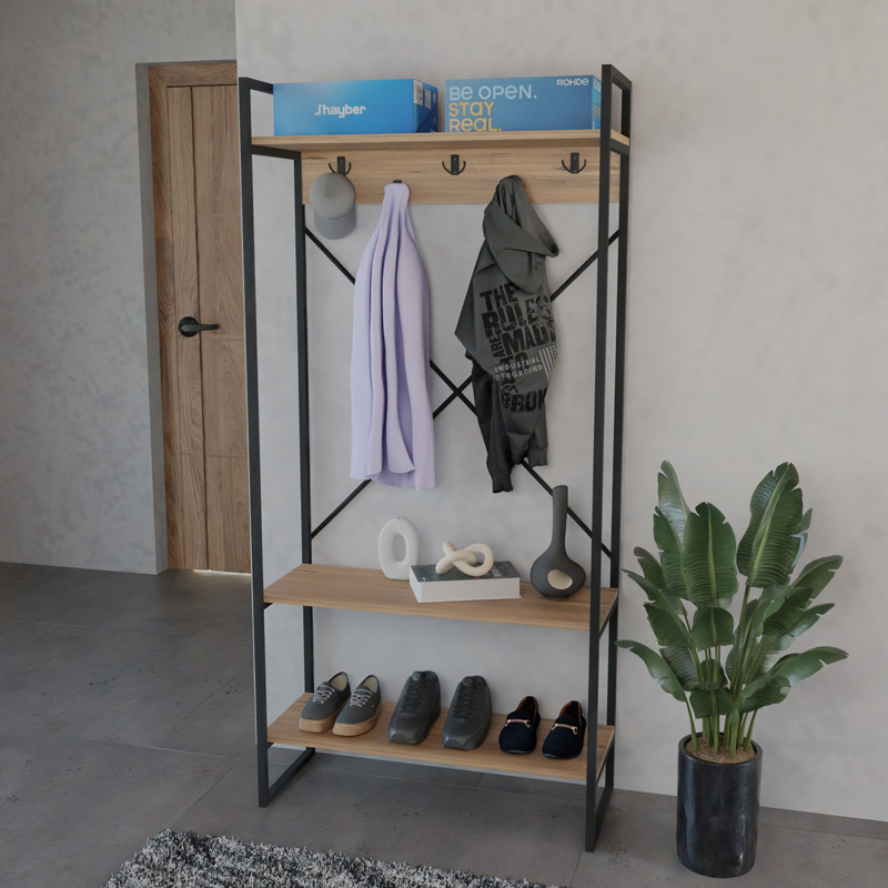 321-000121-2 Έπιπλο εισόδου Levento pakoworld oak με μαύρο μεταλλικό σκελετό 88x34x180εκ - Image 3