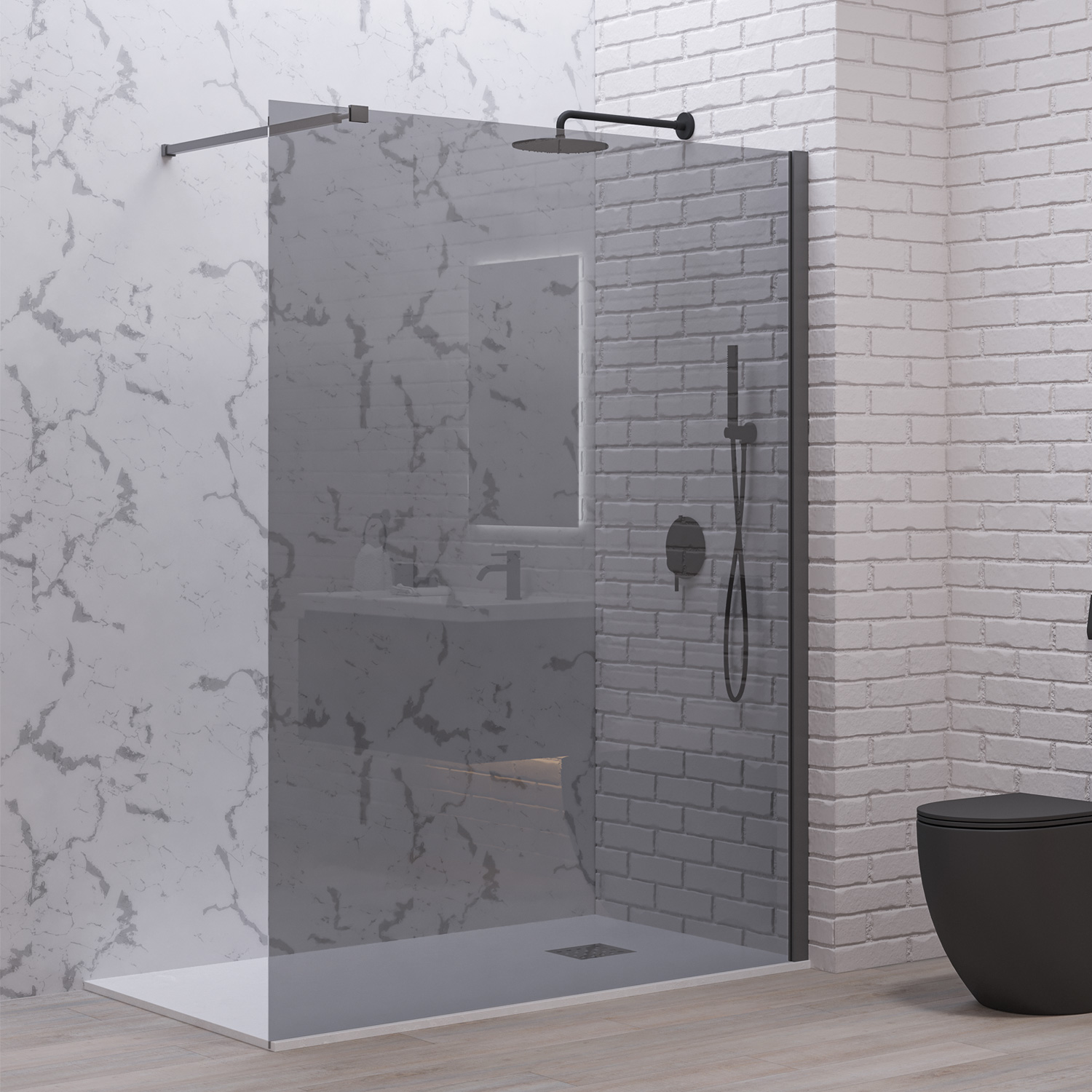 WAL1-90GF_1 Σταθερό διαχωριστικό ντουζιέρας με fume κρύσταλλο WALKIN 1 Gun Metal KARAG 90x200cm