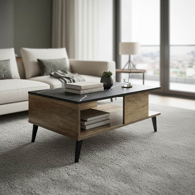 049-000064 Τραπέζι σαλονιού Moses pakoworld χρώμα μαύρο μαρμάρου-καρυδί 90x54x37.5εκ