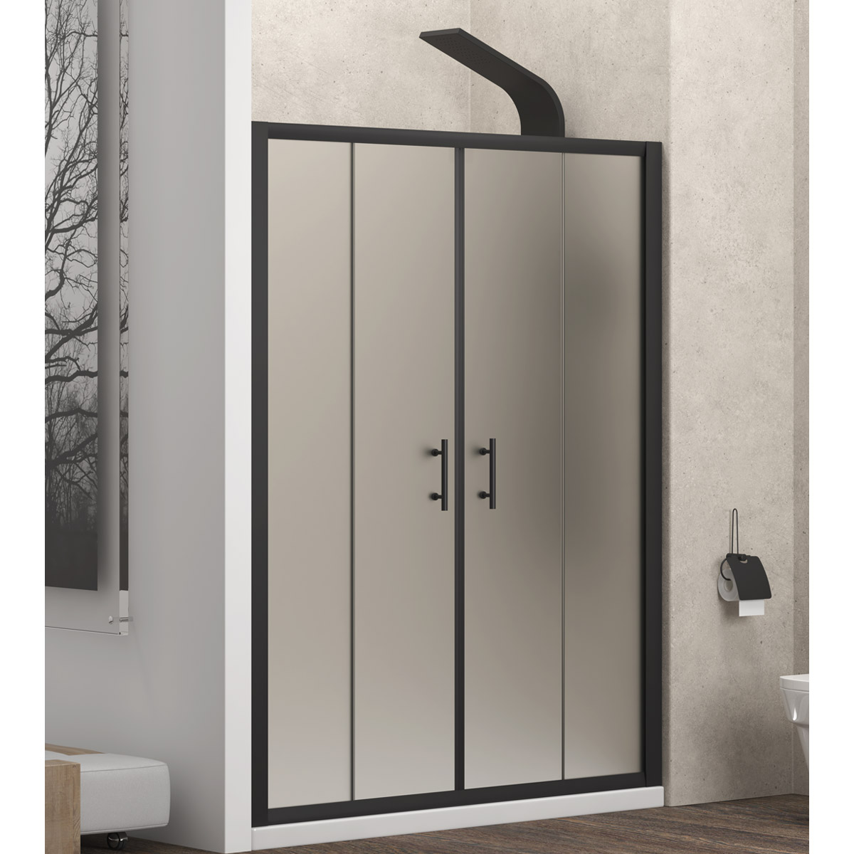 FLO600190SNE Καμπίνα από τοίχο σε τοίχο με σατινέ κρύσταλλο FLORA 600 Black KARAG 190x190cm