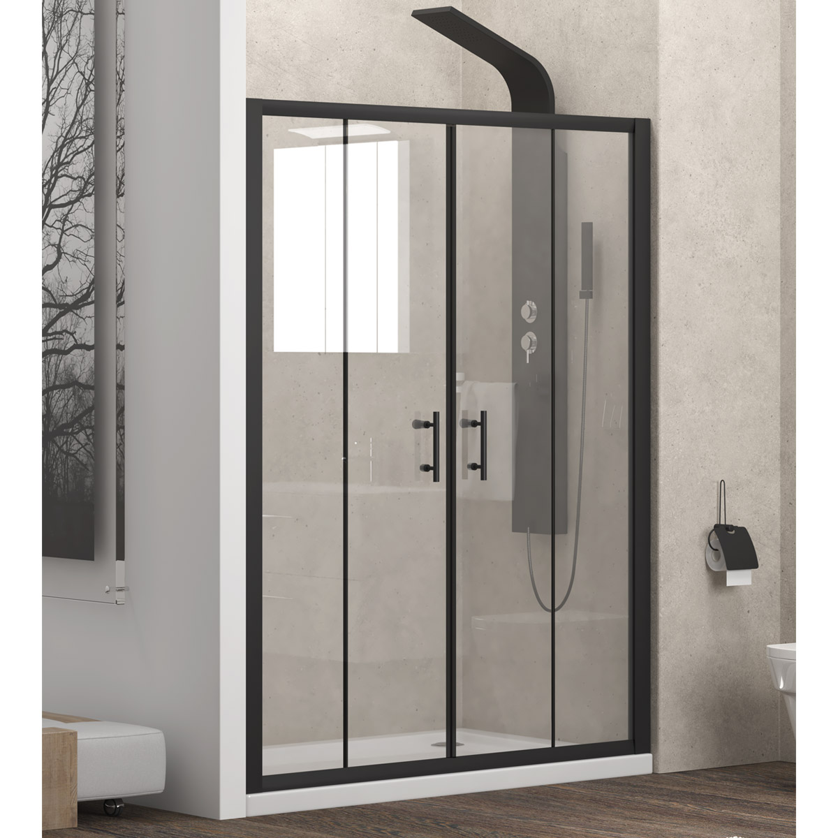 FLO600200NE_3 Καμπίνα από τοίχο σε τοίχο με διάφανο κρύσταλλο FLORA 600 Black KARAG 200x190cm