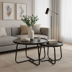 Tραπέζια σαλονιού Crismory pakoworld σετ 2τεμ MDF σε απόχρωση μαύρο μαρμάρου και μαύρα μεταλλικά πόδια