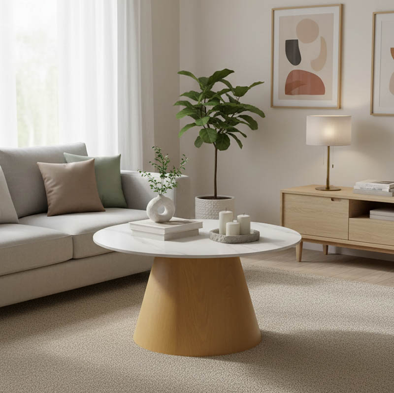 029-000265 Τραπέζι σαλονιού Soleire Inart λευκό μαρμάρου sintered stone Φ70x40εκ