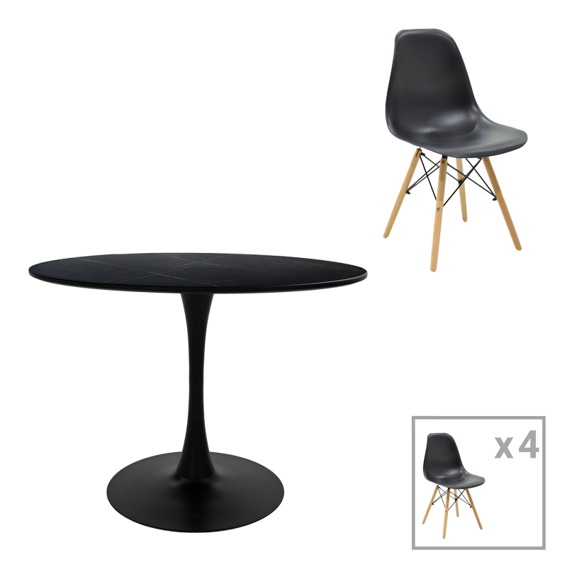 200-001028 Τραπεζαρία Julita-Balou σετ 5τεμ pakoworld MDF-PP σε μαύρο-φυσικό απόχρωση Φ120x73εκ