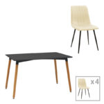 Τραπεζαρία Natali-Noor pakoworld σετ 5τεμ MDF μαύρο-μπεζ ύφασμα 120x80x76εκ