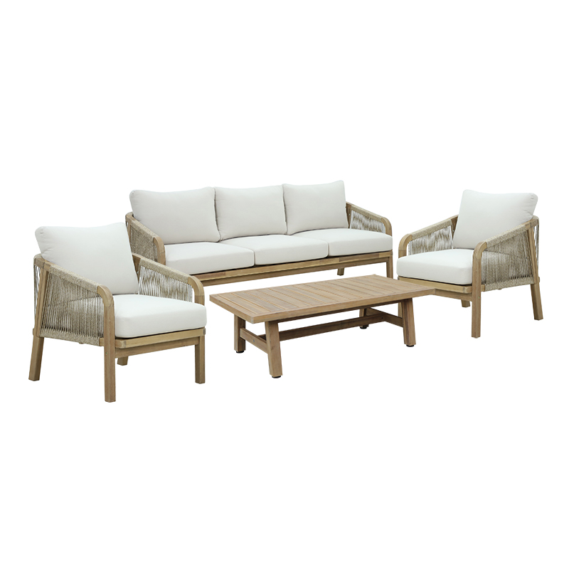 228-000045 Σετ σαλονιού 4τμχ Malibu I pakoworld μασίφ ξύλο ακακίας-μπεζ ύφασμα