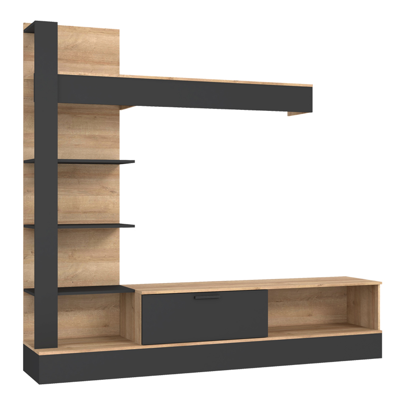 318-000010 Σύνθετο σαλονιού Dranko pakoworld μαύρο-oak μελαμίνης 205x41.5x192εκ