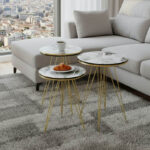 Βοηθητικά τραπέζια Wakmi pakoworld σετ 3τεμ λευκό μπεζ μαρμάρου μελαμίνης-χρυσό μέταλλο