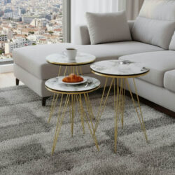 Βοηθητικά τραπέζια Wakmi pakoworld σετ 3τεμ λευκό μπεζ μαρμάρου μελαμίνης-χρυσό μέταλλο