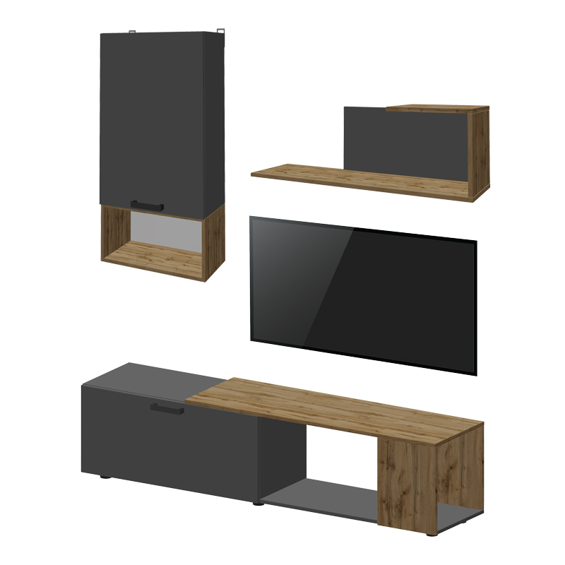 361-000099 Σύνθετο σαλονιού Poelfy pakoworld σε ανθρακί-oak απόχρωση 170x37.5x42εκ