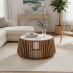 Τραπέζι σαλονιού Mable pakoworld mango ξύλο σε φυσική απόχρωση με επιφάνεια μαρμάρου Φ80x45εκ